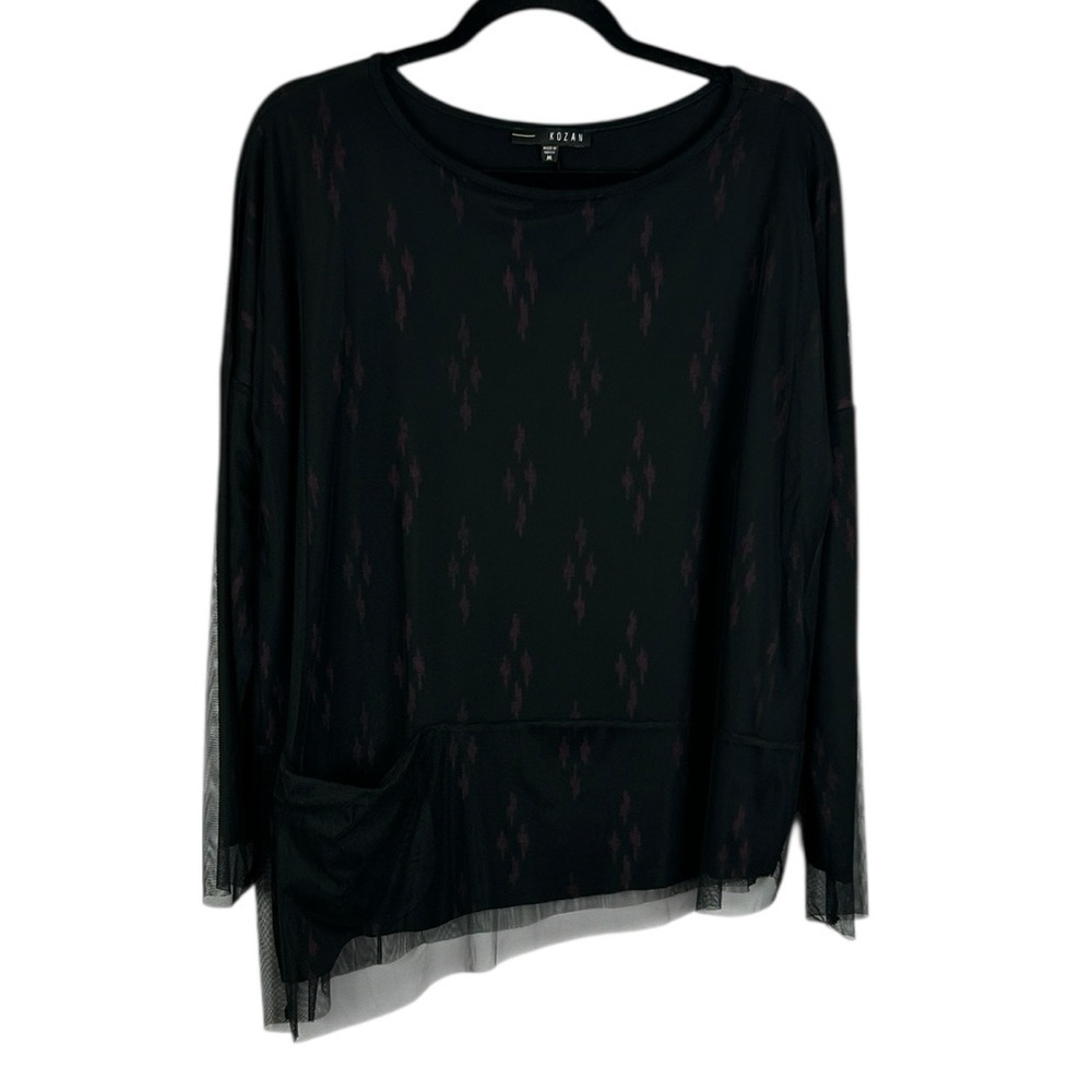 Kozan Black Mesh Top Sheer Overlay Tunic Long Sleeve Stretch Size Medium